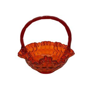 Fenton VTG Red Orange Amberina Thumbprint Glass Basket Ruffled Edge Grandmacore